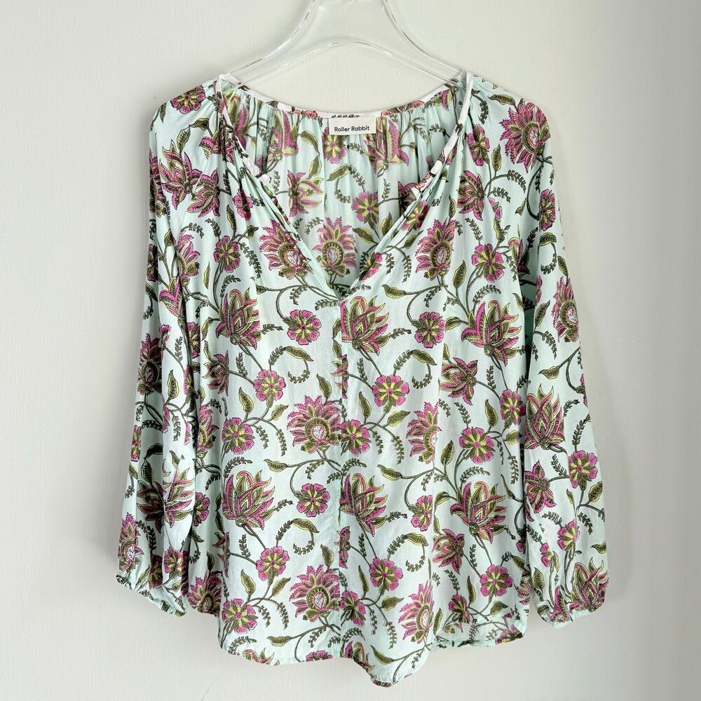 Roller Rabbit Floral Tunic Top Split V Adrianna Asian Size S/M Bohemian Coquette